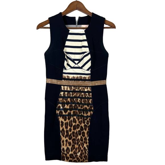 Tracy Reese Sheath Dress Stretch Zip Back Black Tan - S - Picture 1 of 5